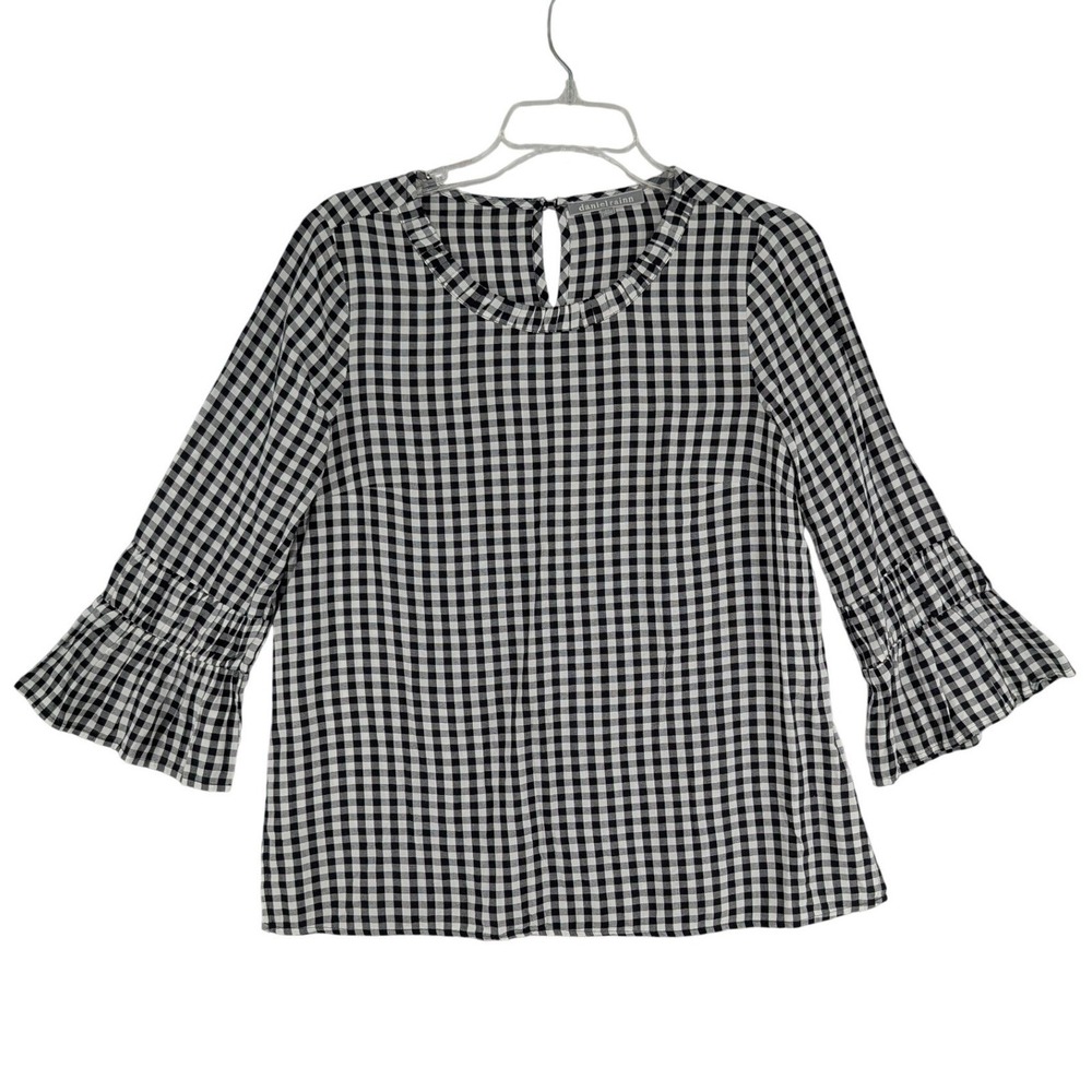 Daniel Rainn Blouse Women PS Black Gingham Ruffle Tiered Bell Sleeve Peasant Top - Picture 2 of 12